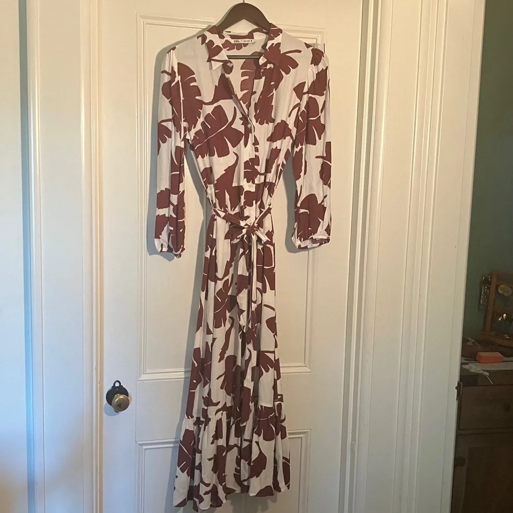 Zara Maroon and White Leaf Print Dress- M - Picture 5 of 11
